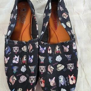 Skechers BOBS for Dogs Black Canvas Dog Print Memory Foam Flats Womens 6.5